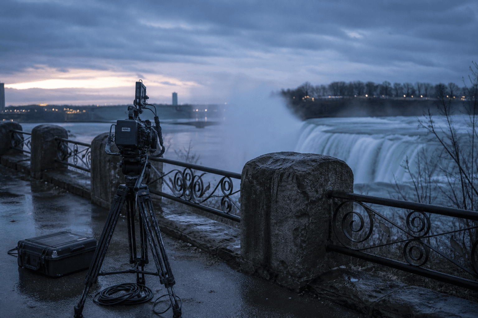 A cinema camera overlooking Niagara Falls on a misty evening